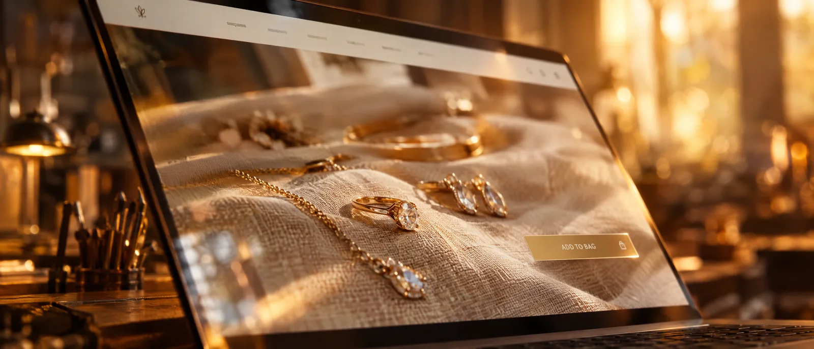 Close-up of a laptop showing a jewelry storefront website