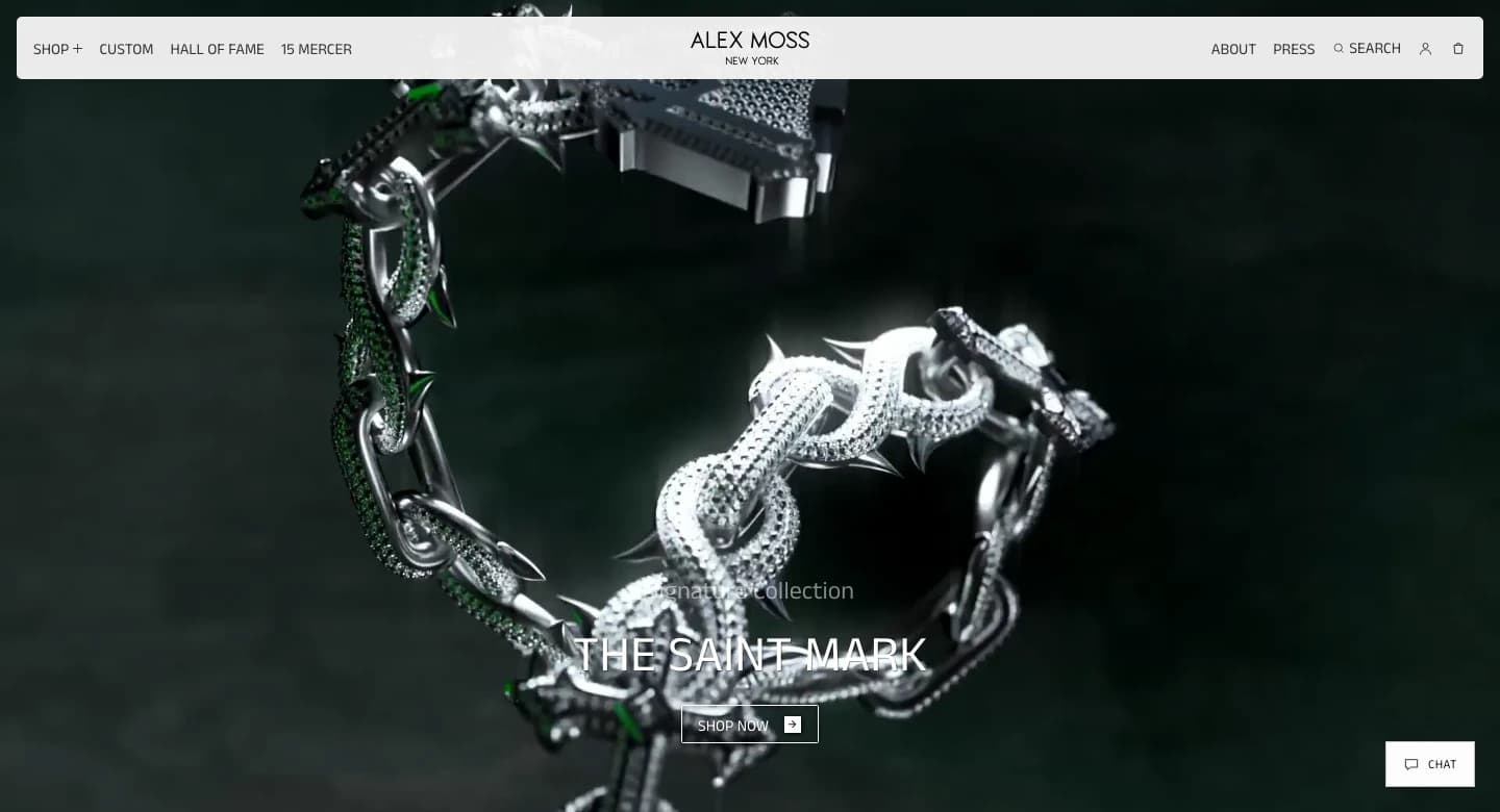 Alex Moss New York homepage with its navigation and Saint Mark collection