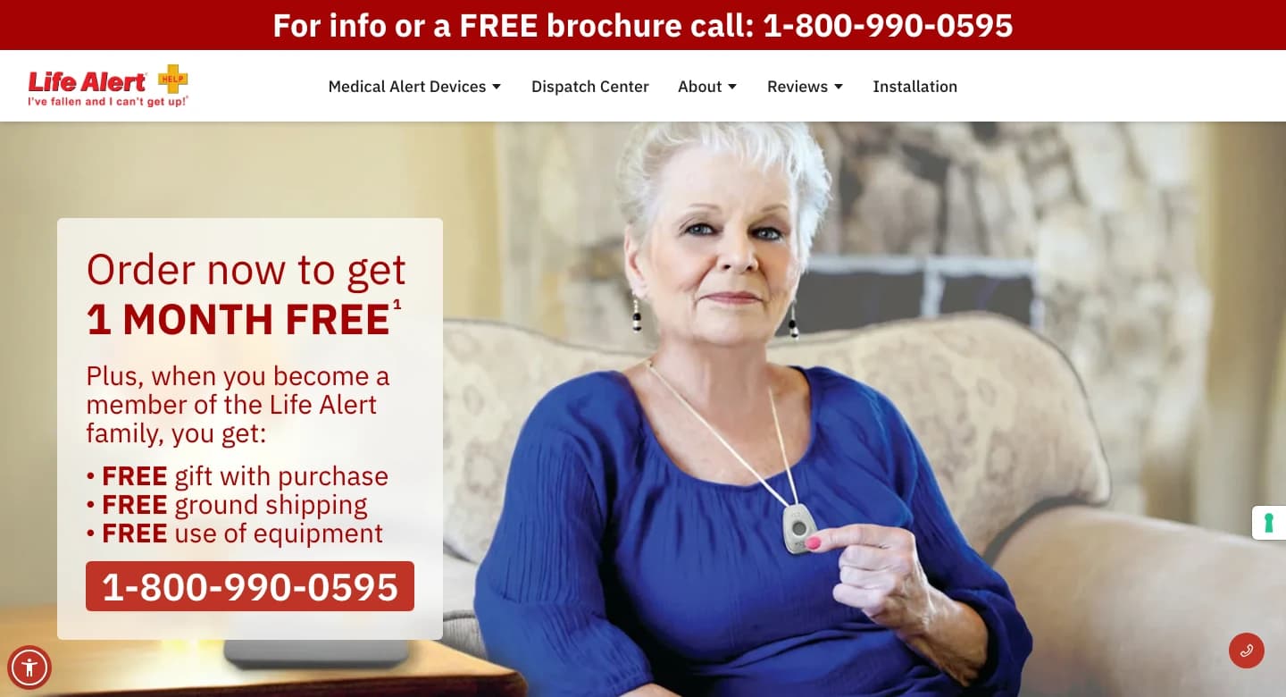 Life Alert homepage with its navigation and medical alert service introduction