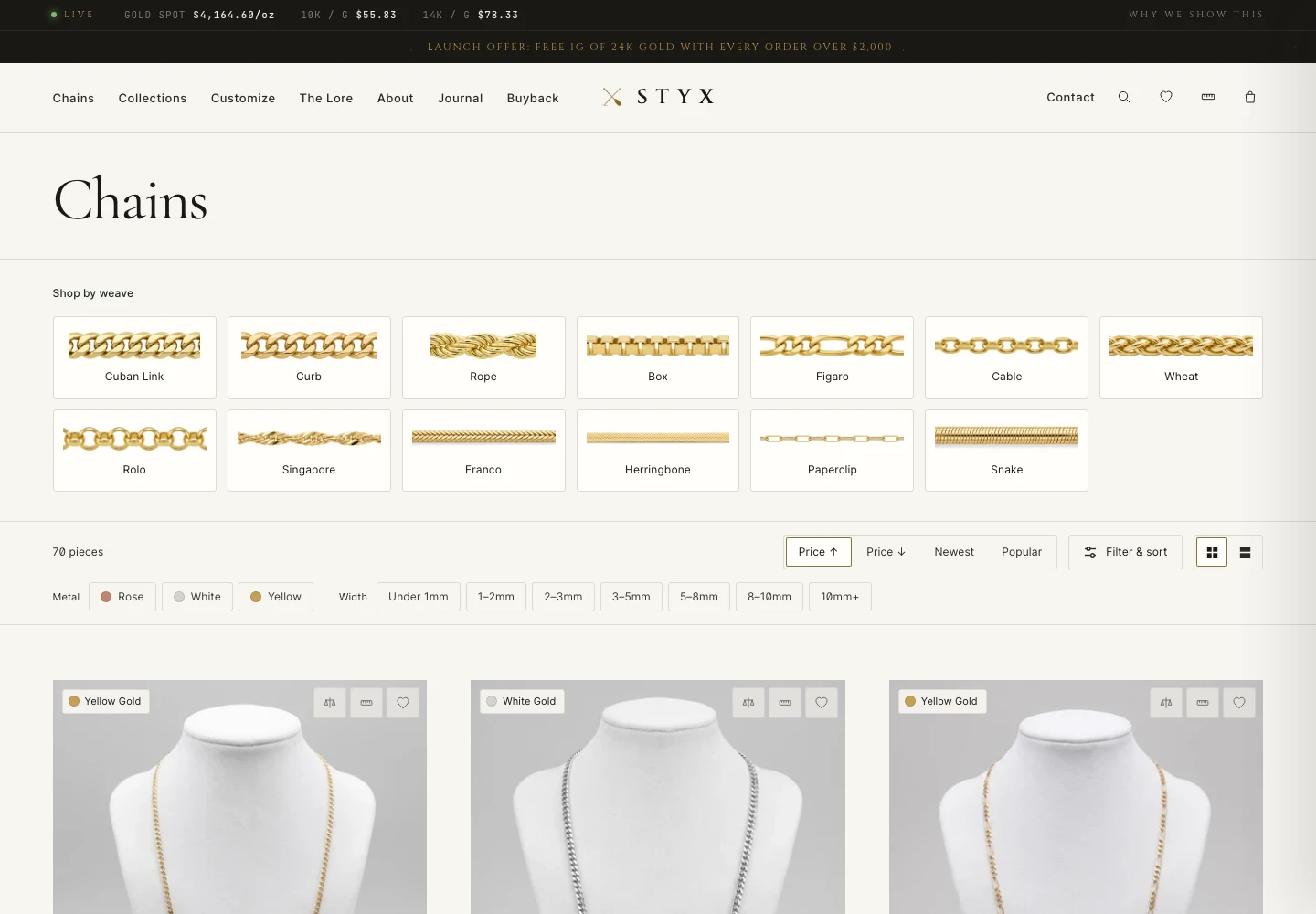 STYX Gold collection page with chain styles, metal and width filters, and product photography