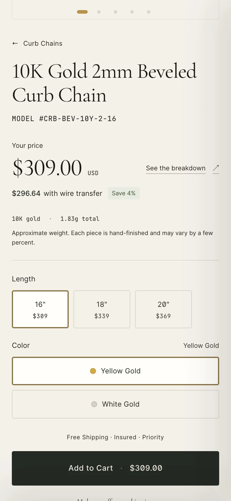 STYX Gold mobile product details, chain lengths, gold color options and Add to Cart button