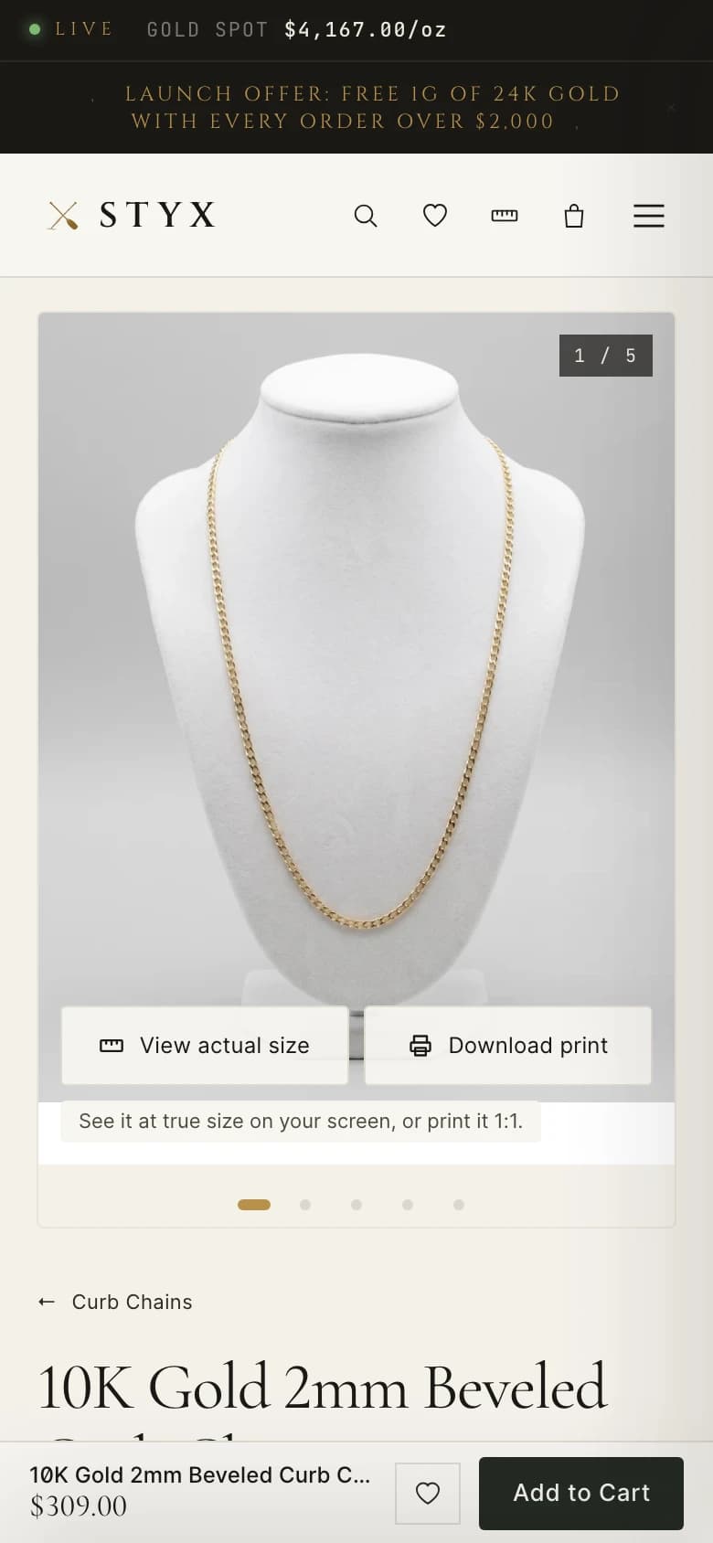 STYX Gold product photography and true-size viewing controls on a mobile screen