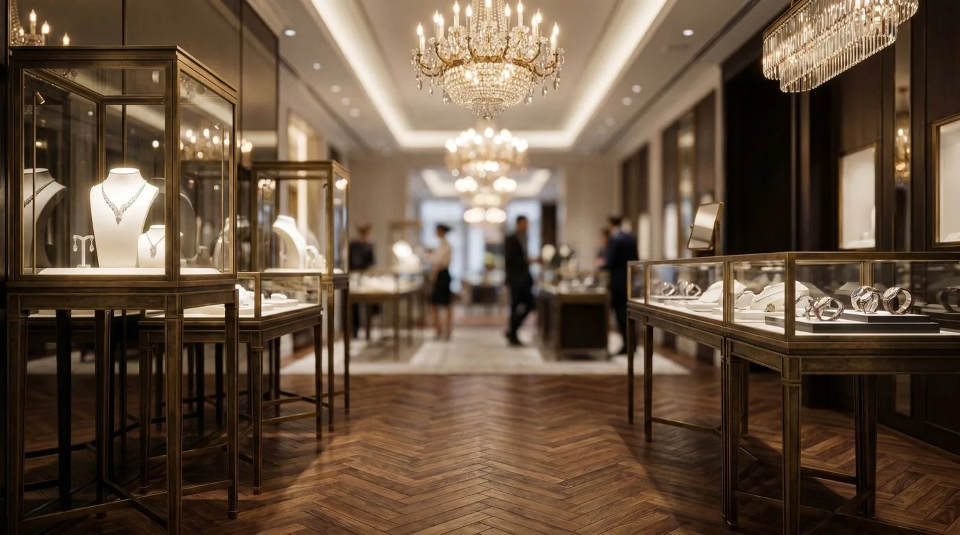 Luxury jewelry showroom with glass display cases, chandelier lighting, and herringbone wood floors