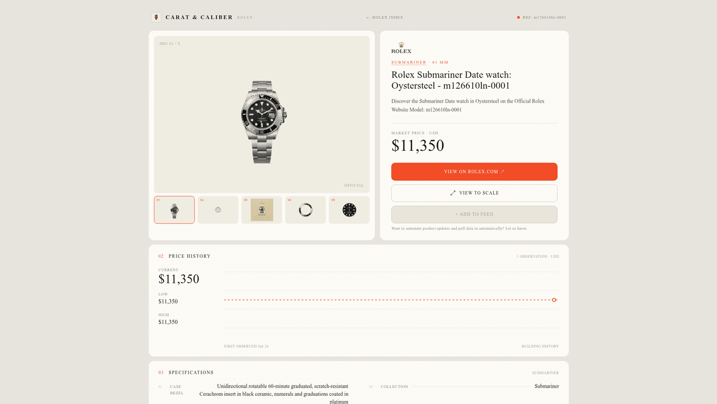 Carat & Caliber reference page with view-to-scale and price history