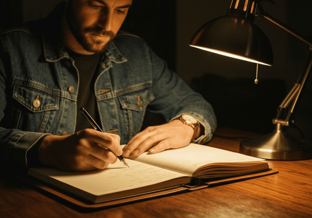 A jeweler writing client records by hand in a leather ledger under a desk lamp