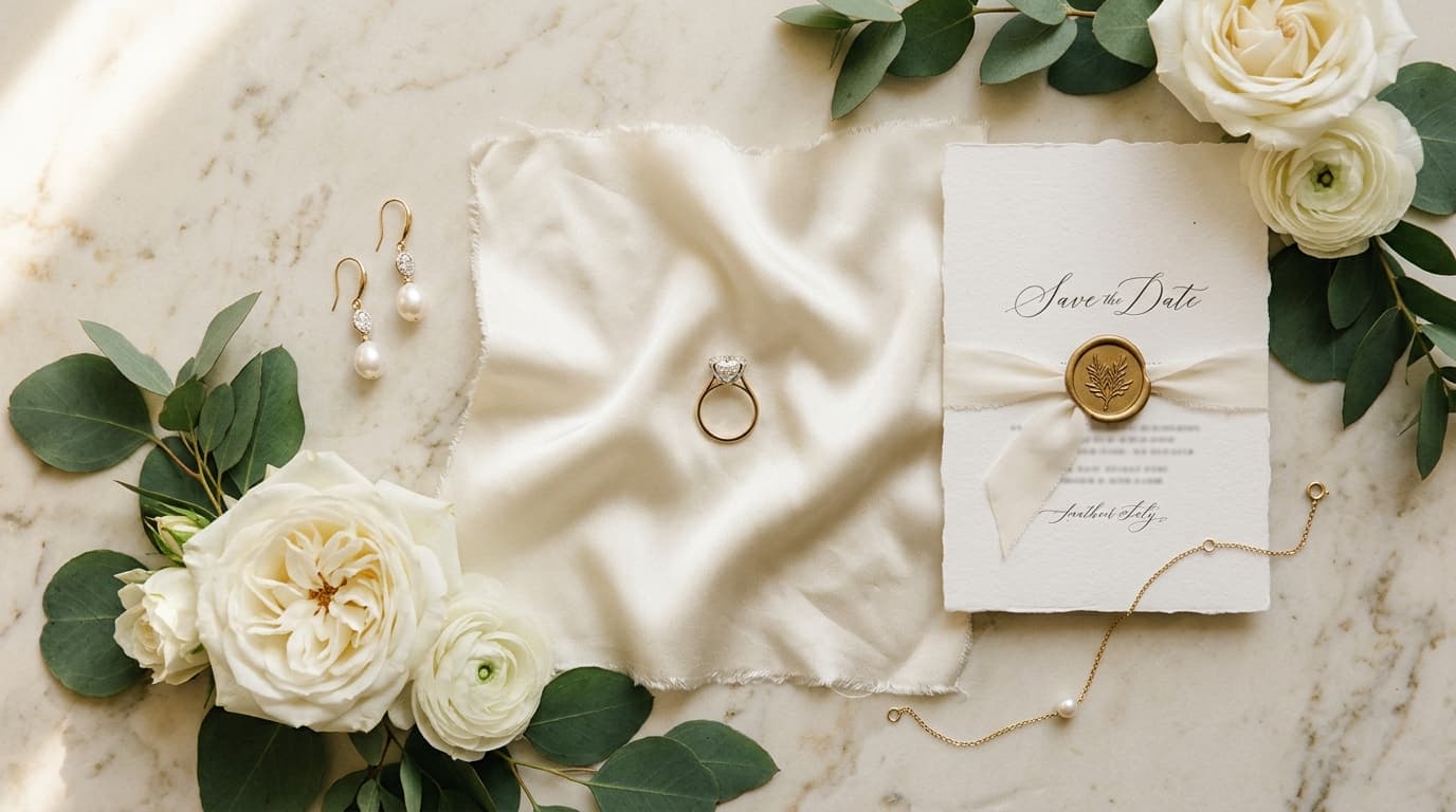 Luxury bridal flat lay with diamond engagement ring, wedding invitation, and white roses on cream marble