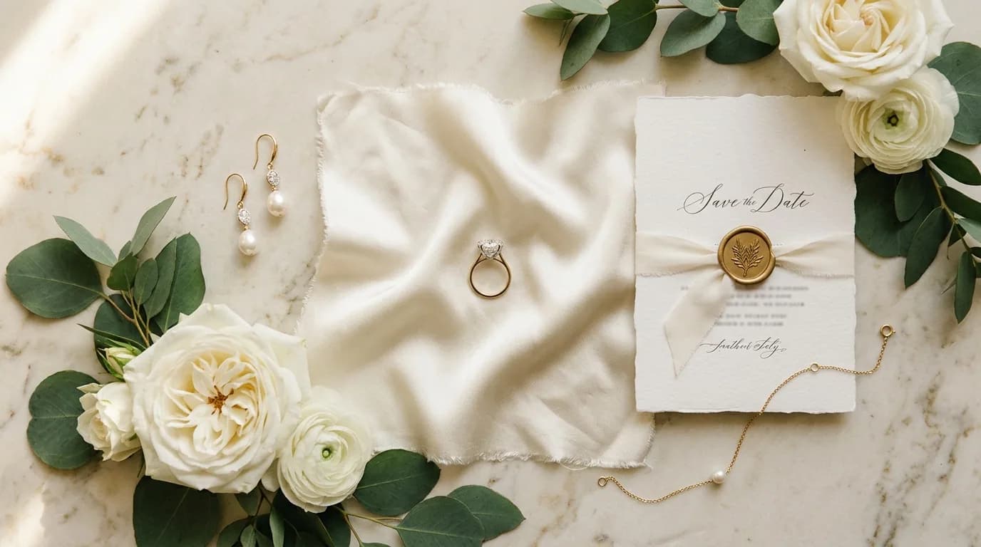 Luxury bridal flat lay with diamond engagement ring, wedding invitation, and white roses on cream marble