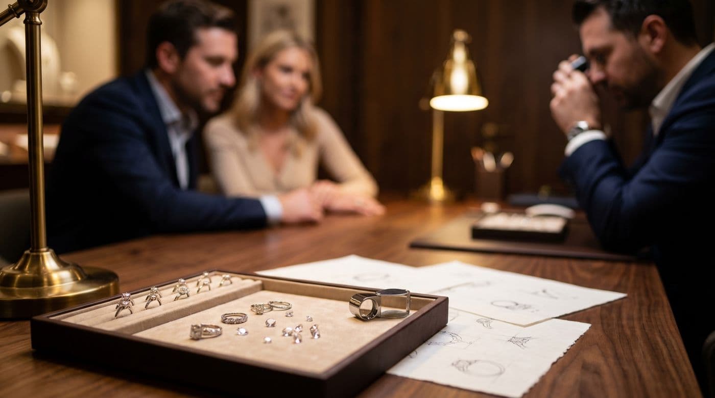 Custom jeweler consultation with couple reviewing diamond rings and design sketches