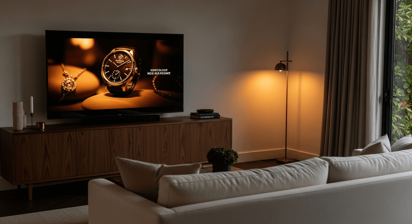 Connected TV showing a luxury brand video ad in an affluent living room