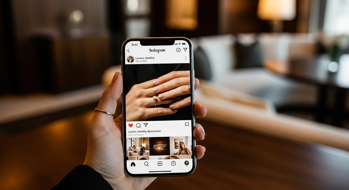 Instagram ad for luxury jewelry displayed on a phone screen