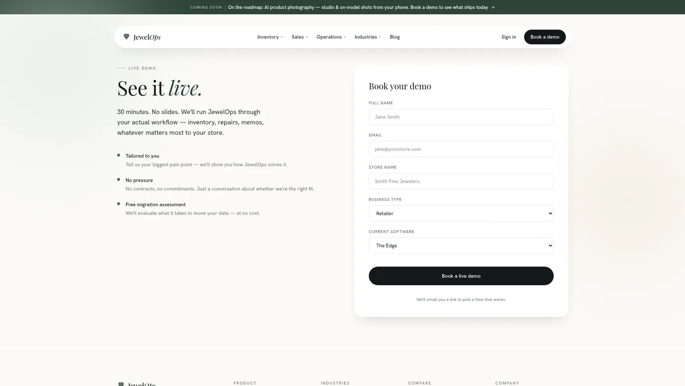 JewelOps demo request form with conditional fields