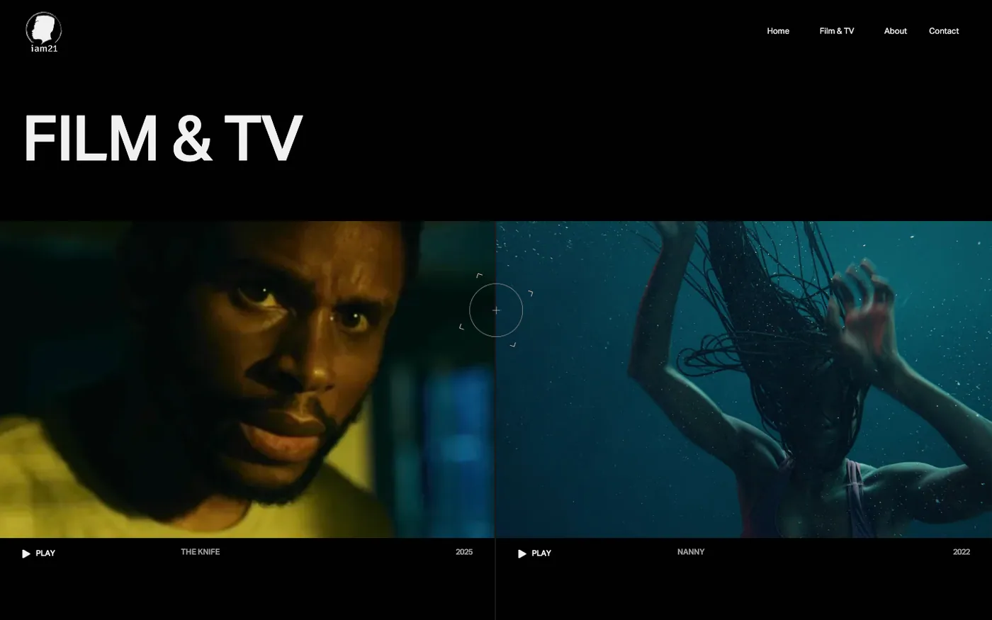 iAm21 Entertainment Film and TV page showing The Knife and Nanny productions