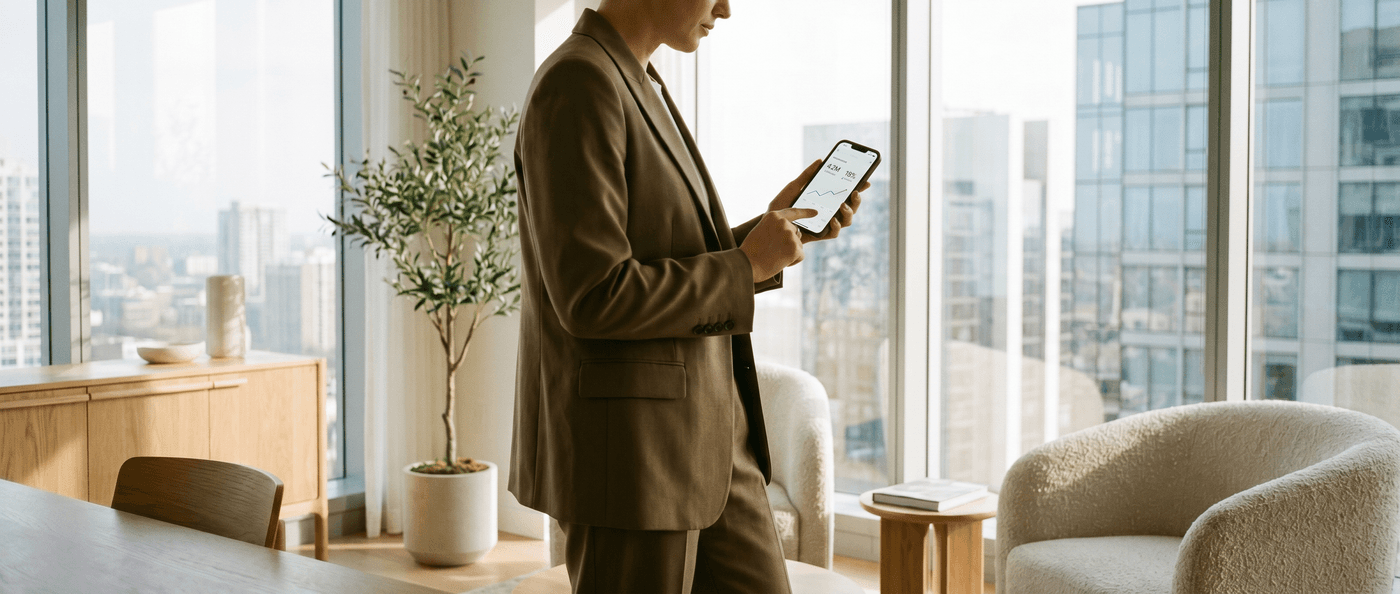 A luxury business owner in a bright modern office checking a business dashboard on their phone