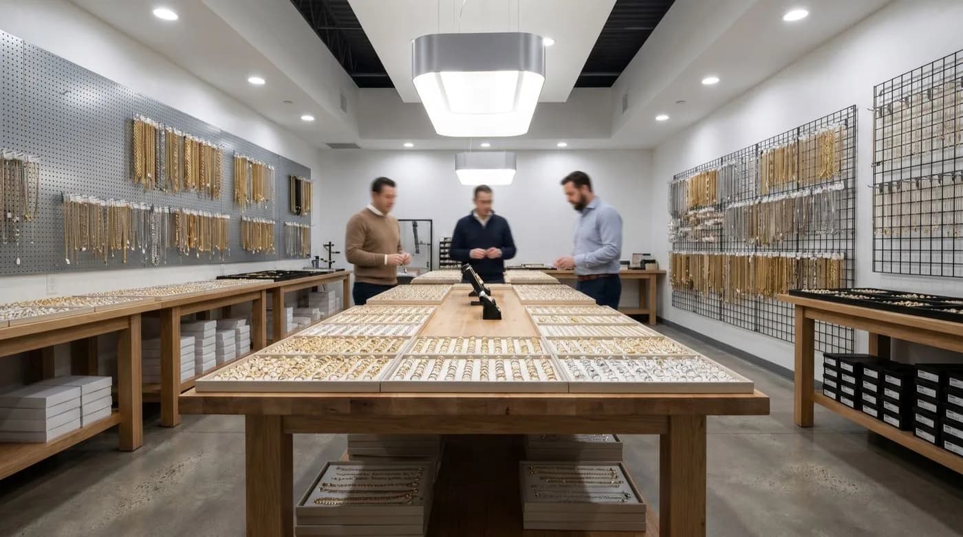 Jewelry wholesale showroom with chain displays, trays of gold pieces, and buyers examining inventory