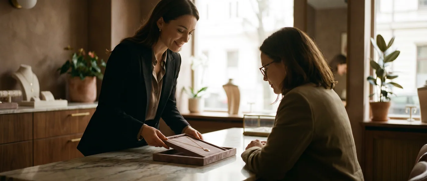 A jewelry sales associate presenting a gold necklace to a seated client across a marble boutique counter