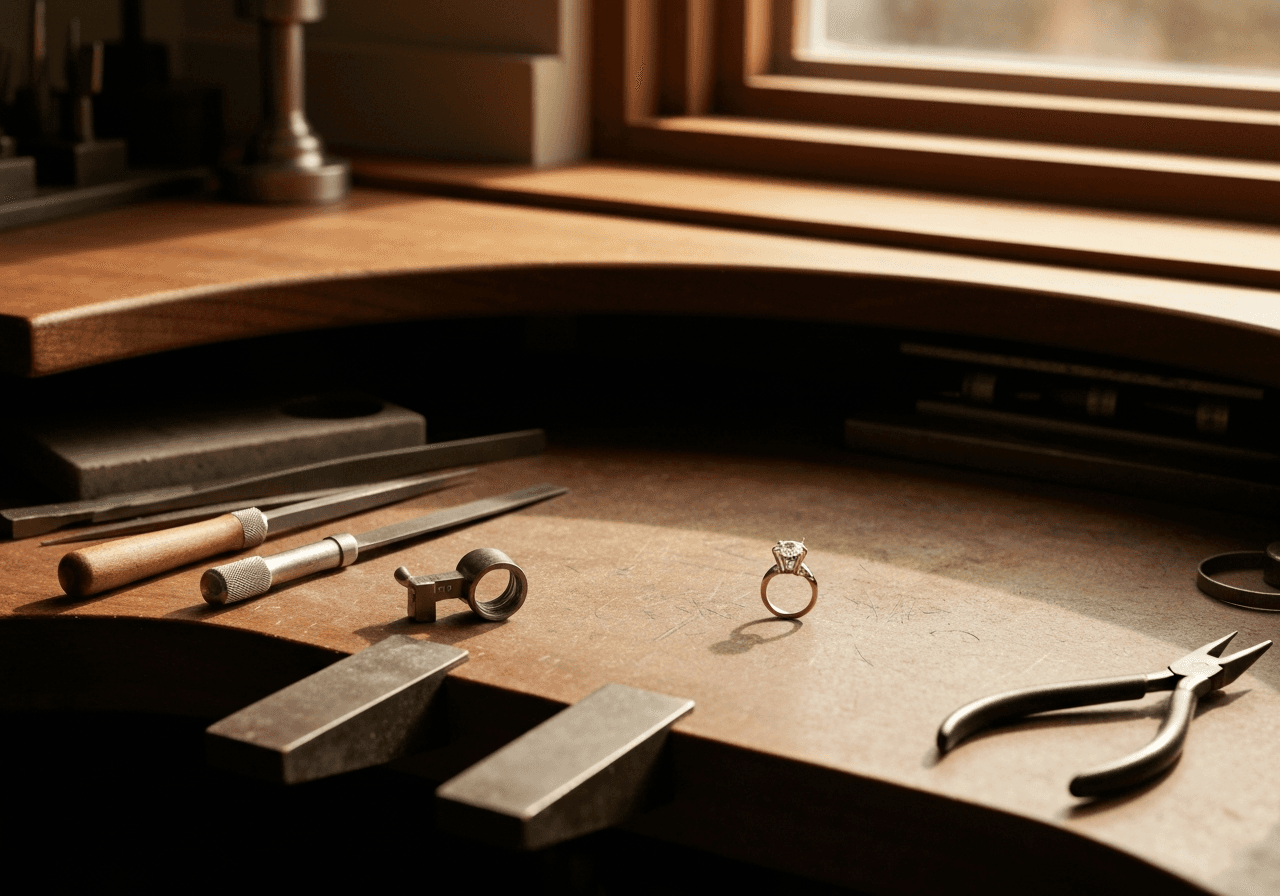 Editorial luxury custom jewelry photograph custom jeweler bench