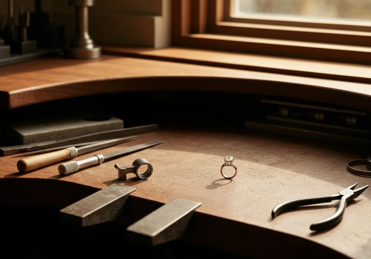 Editorial luxury custom jewelry photograph custom jeweler bench