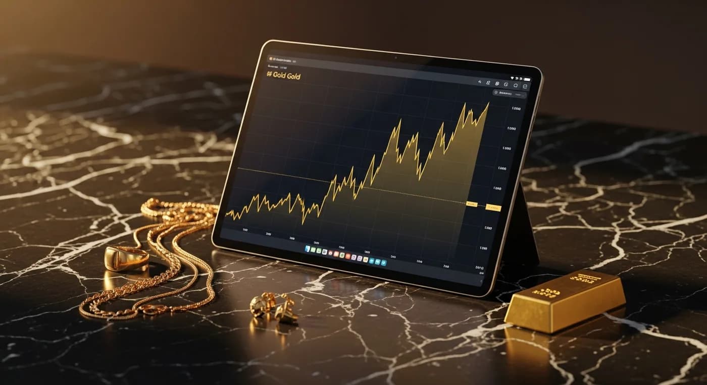 Live gold price chart on tablet screen next to wholesale jewelry pieces