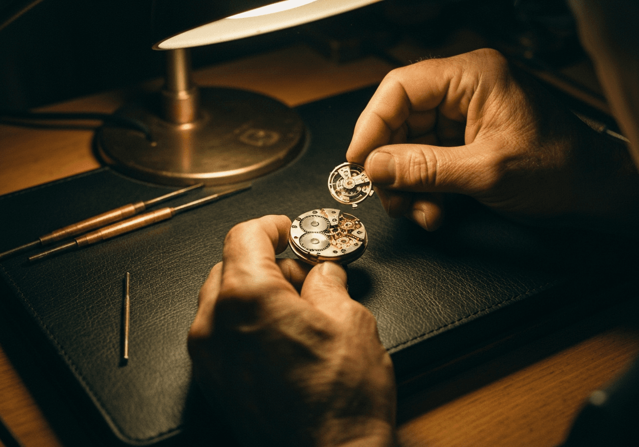 Watchmaker hands holding brass loupe over exposed mechanical movement
