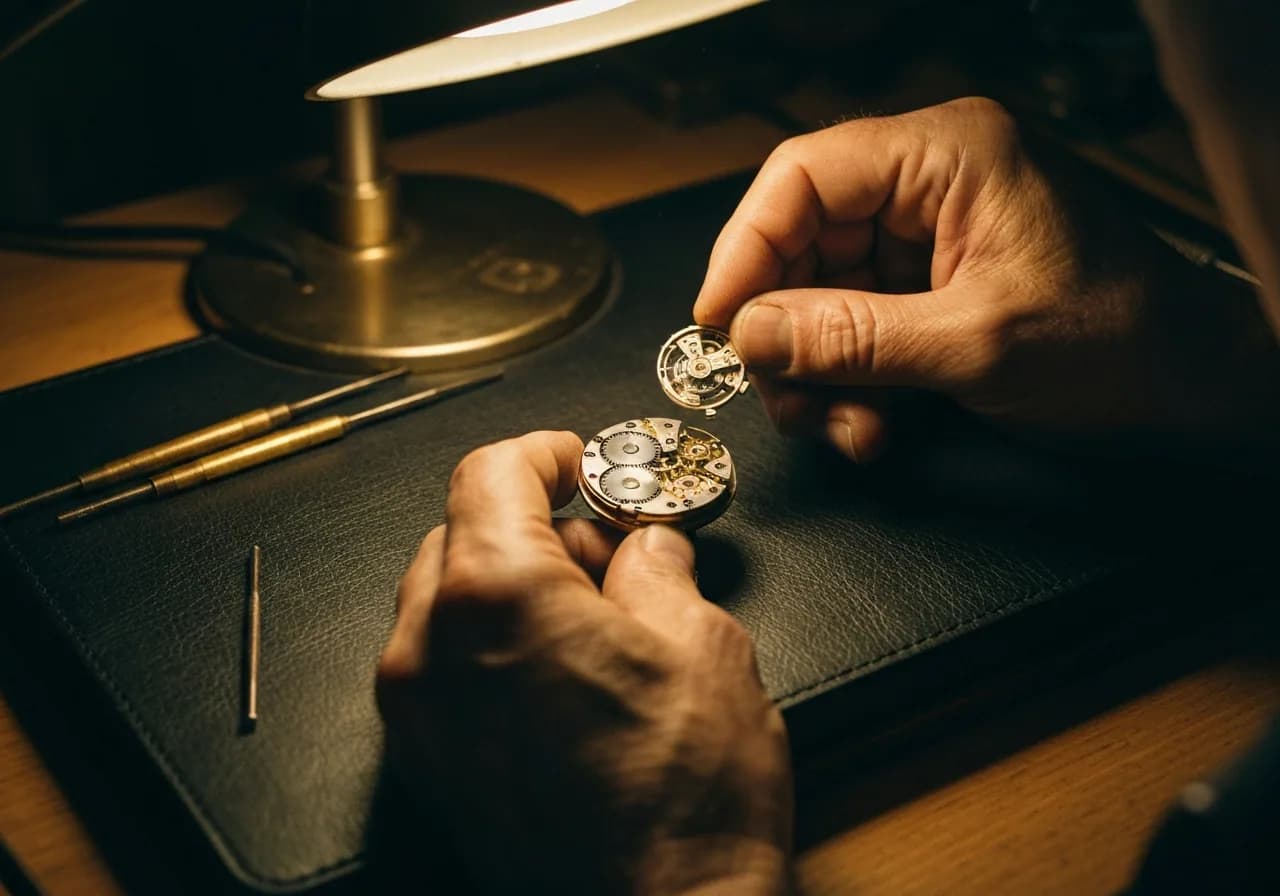 Watchmaker hands holding brass loupe over exposed mechanical movement