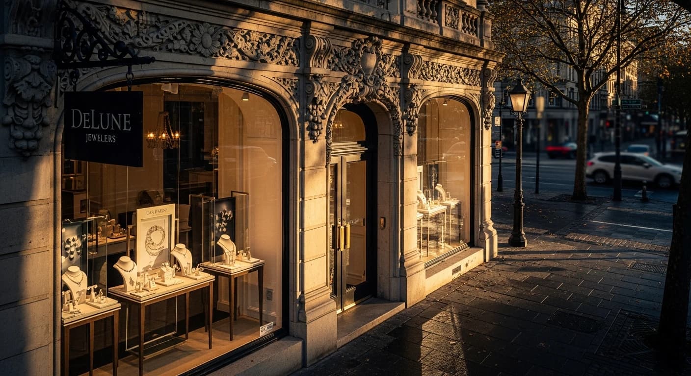 Luxury jewelry storefront exterior at golden hour with elegant signage and city street