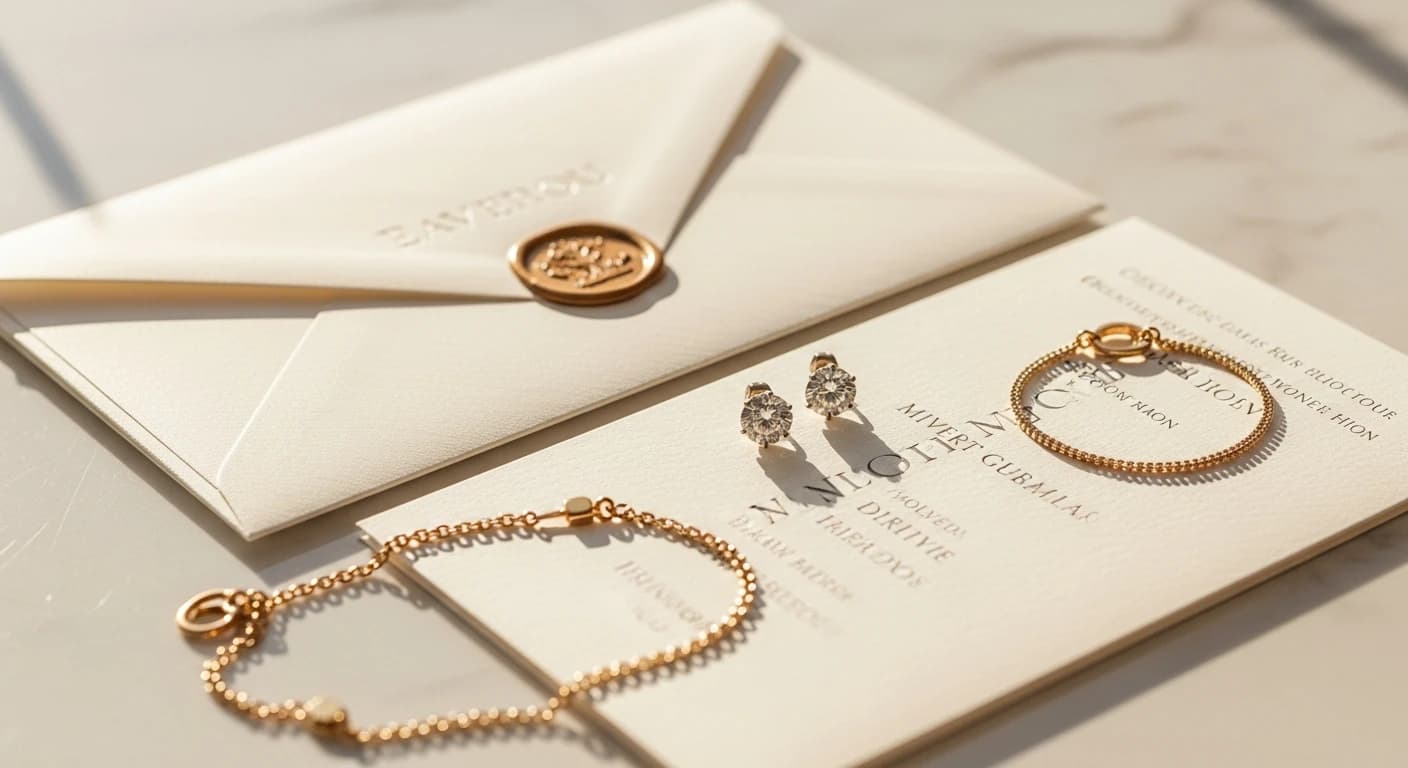 Luxury branded envelope and card on marble surface next to diamond earrings and gold bracelet