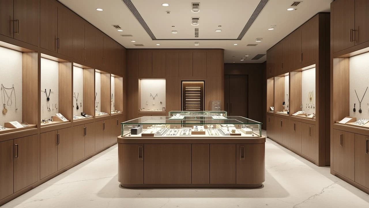 Jewelry showroom with illuminated display cabinets and a central island