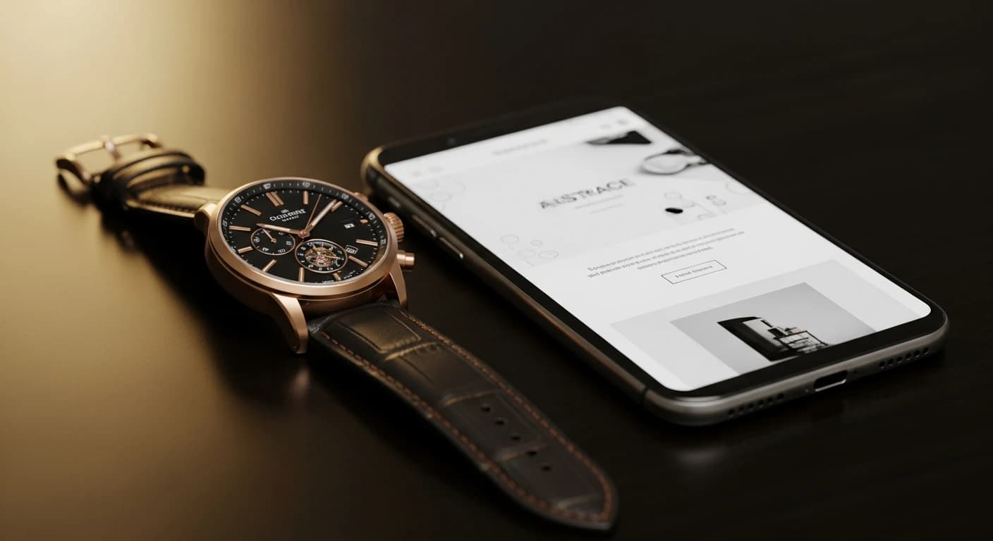 Luxury watch and smartphone showing a website on elegant surface with warm lighting