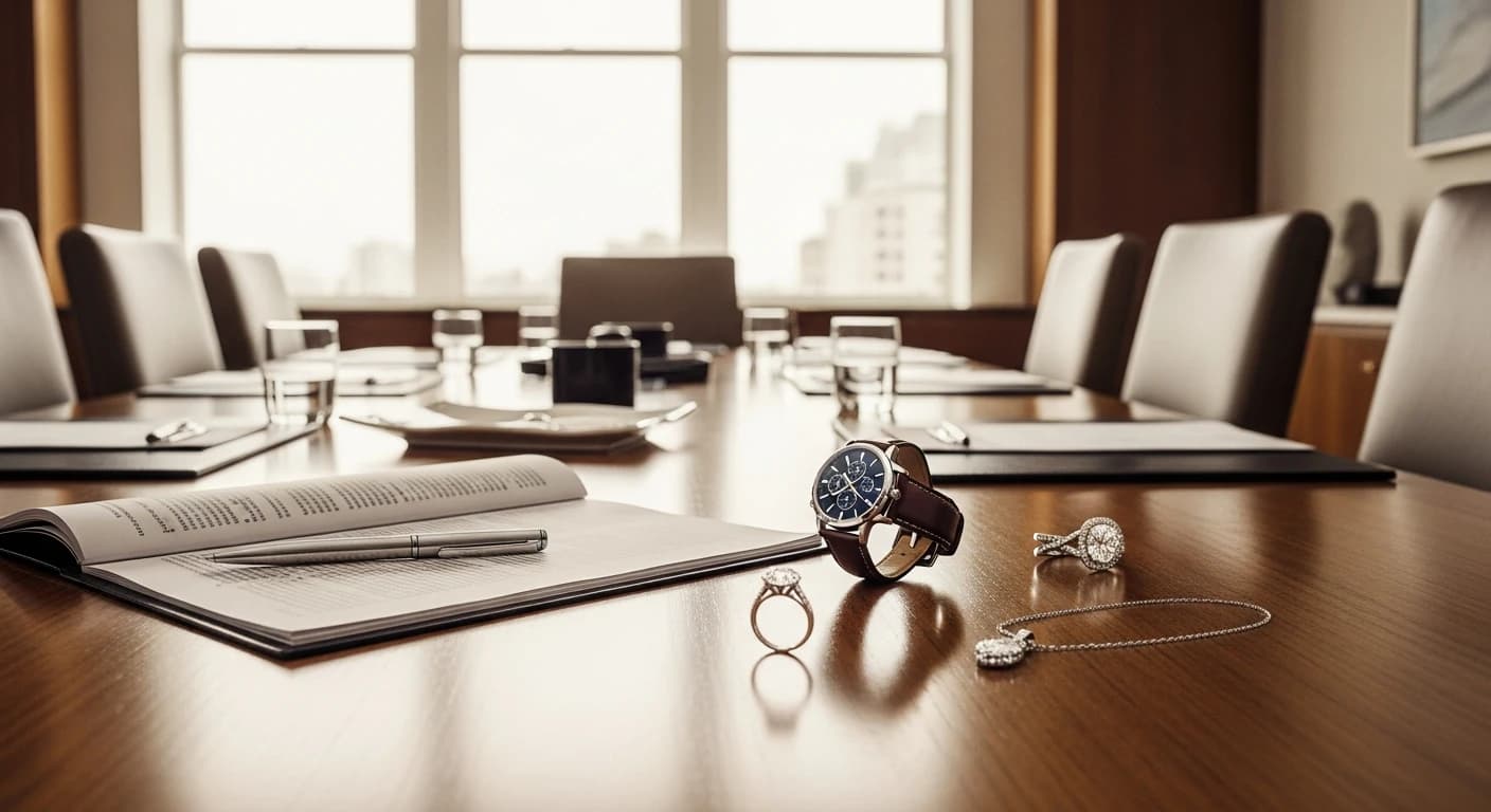 Conference table in upscale office with documents and fine jewelry samples in professional setting