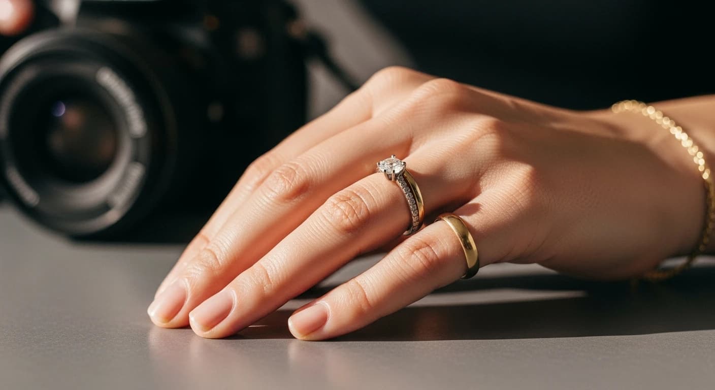 Elegant hand wearing luxury rings and bracelet with professional camera visible in background