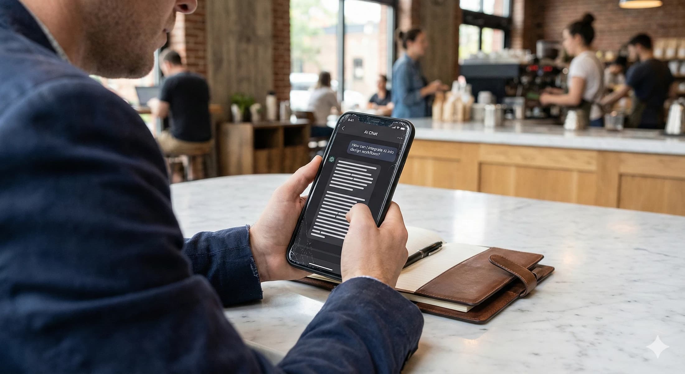 Person reading an AI search response on a tablet at a cafe
