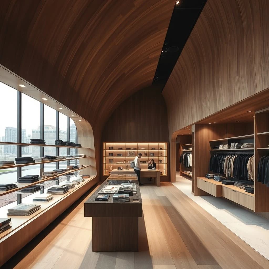 Luxury retail interior with a curved timber ceiling and glass display counters