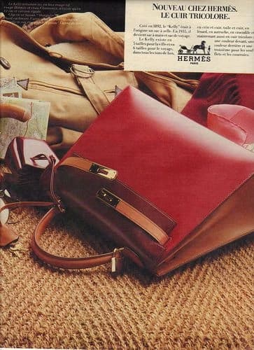 Vintage leather handbag advertisement featuring a red structured bag