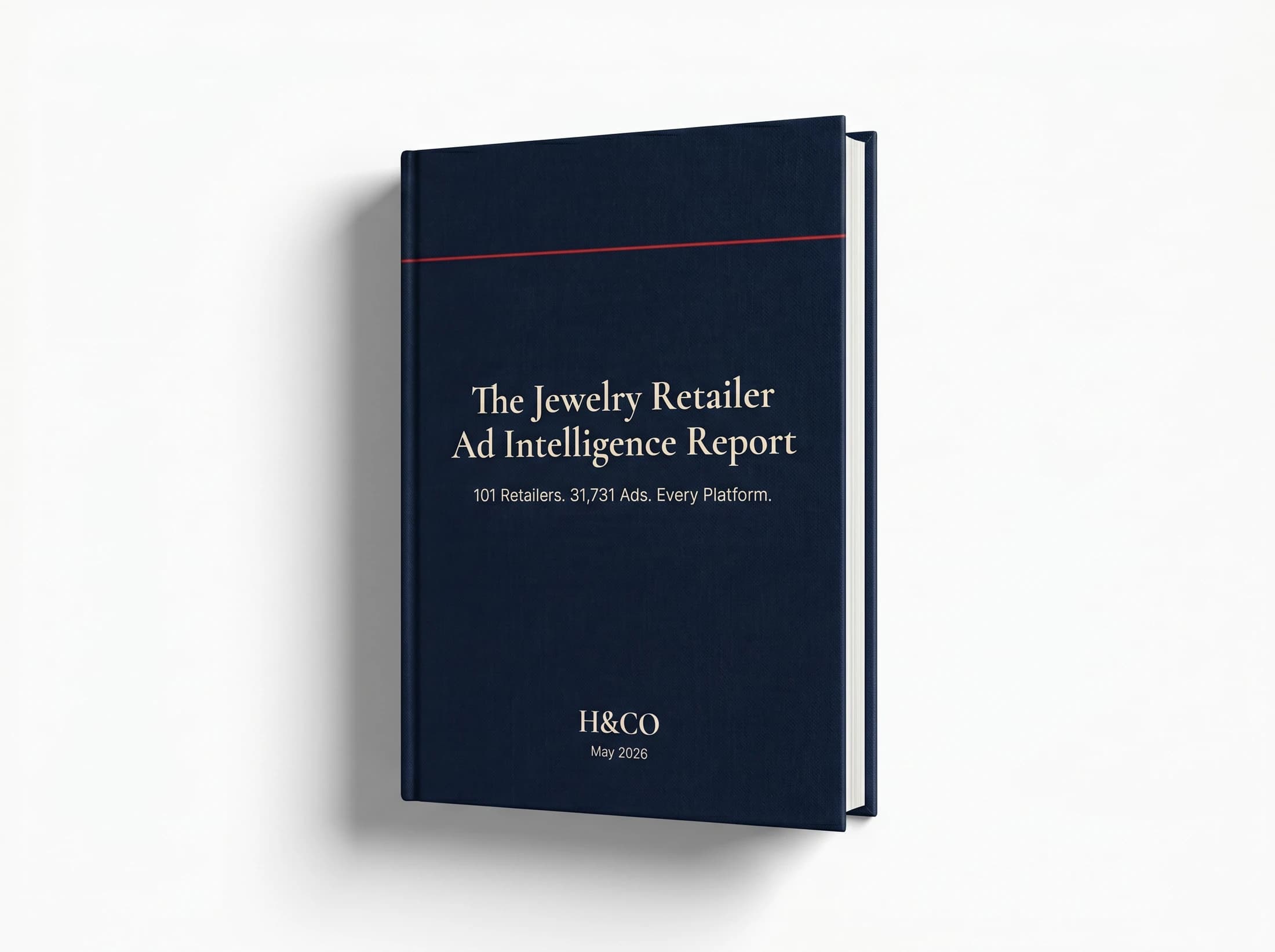 The Jewelry Retailer Ad Intelligence Report — hardcover mockup showing 101 retailers, 31,731 ads tracked across Google and Meta