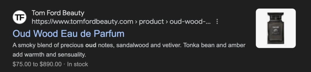 Tom Ford Oud Wood product search result showing its description, price and availability