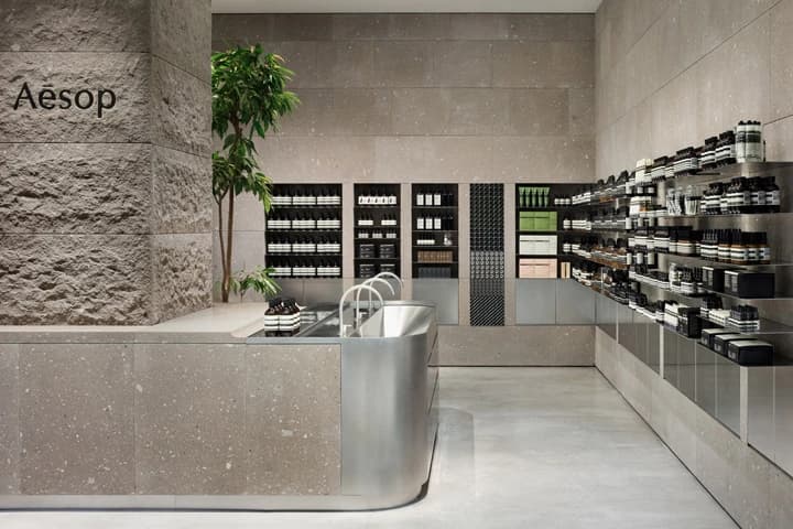 Aesop shop interior with product shelves, a stone counter and a plant