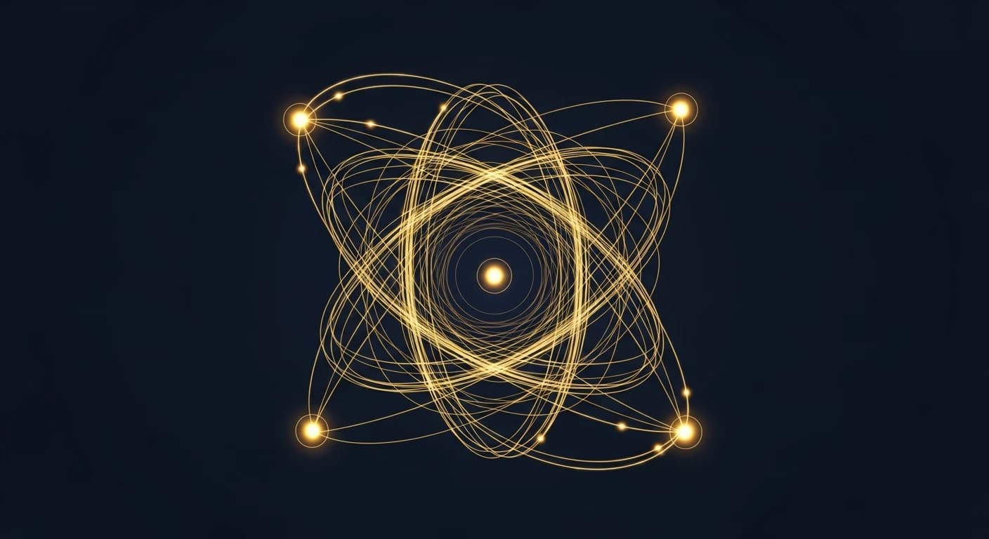 Abstract golden flywheel visualization showing interconnected marketing channels on navy background