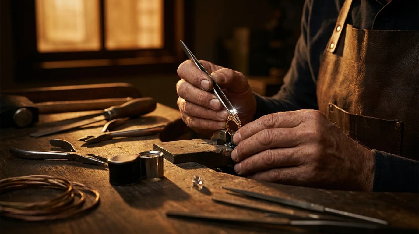 Jeweler's hands setting a diamond into a custom gold engagement ring at the workbench