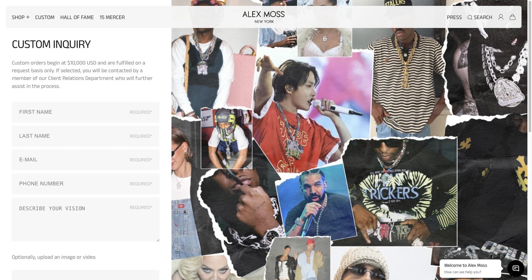 Alex Moss New York custom inquiry page showing 10000 dollar minimum and celebrity social proof