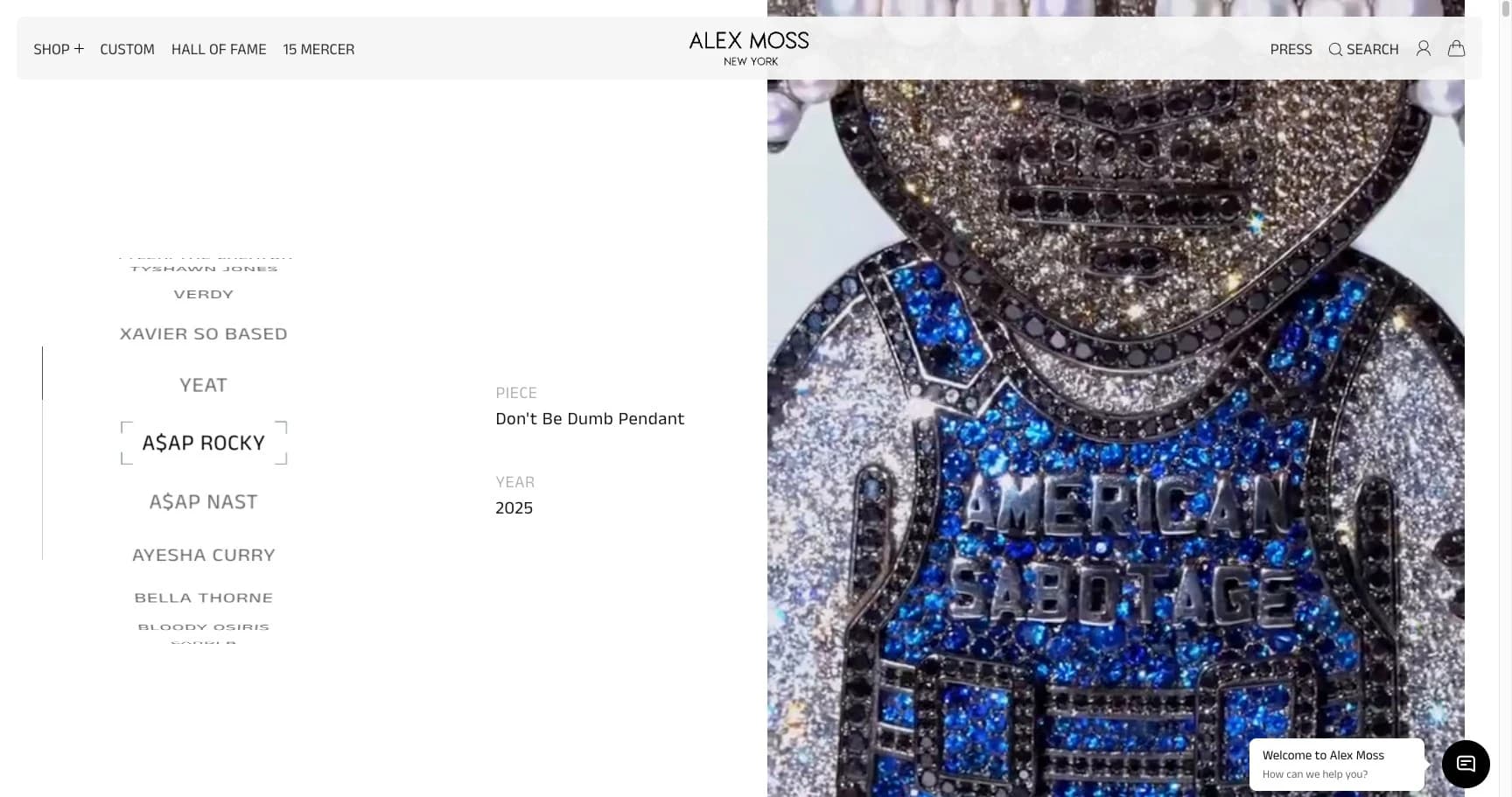 Alex Moss New York Hall of Fame page showing custom pieces for ASAP Rocky Drake and Ayesha Curry