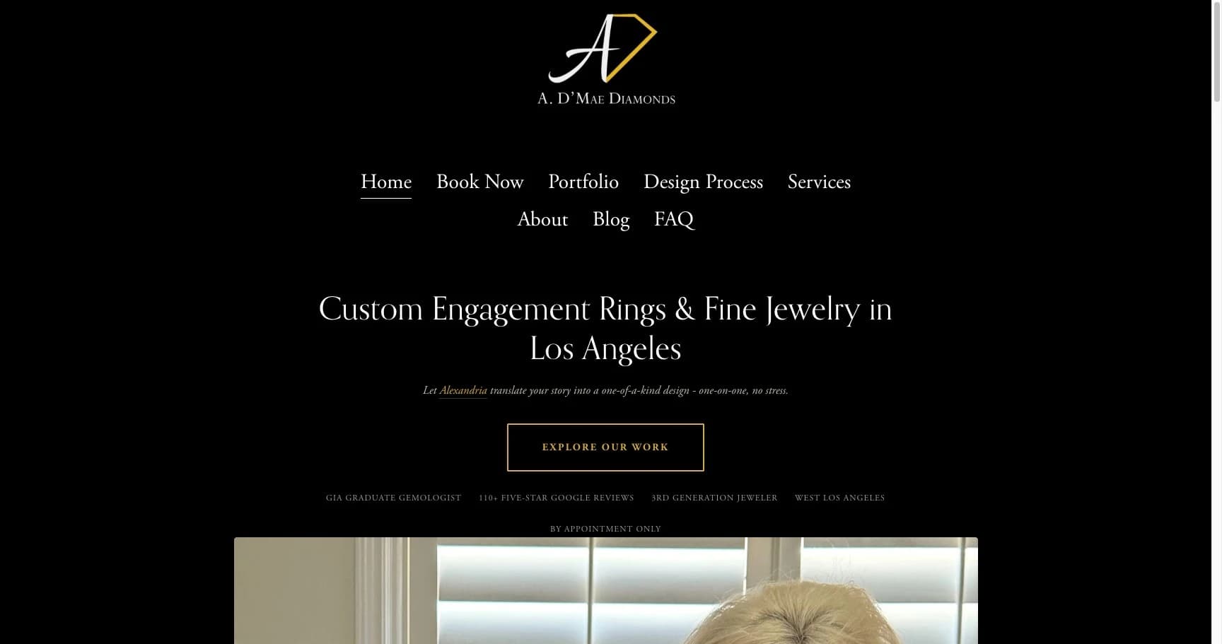 A D Mae Diamonds homepage showing 3rd generation jeweler 110 five star reviews appointment only positioning
