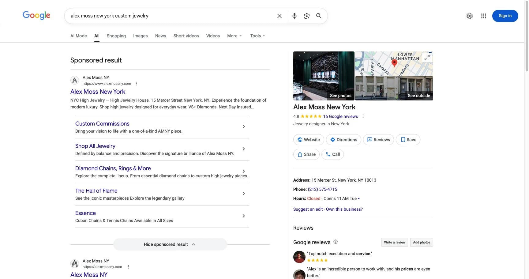 Alex Moss New York Google search results showing GBP with 4.8 stars and Custom Commissions sitelink