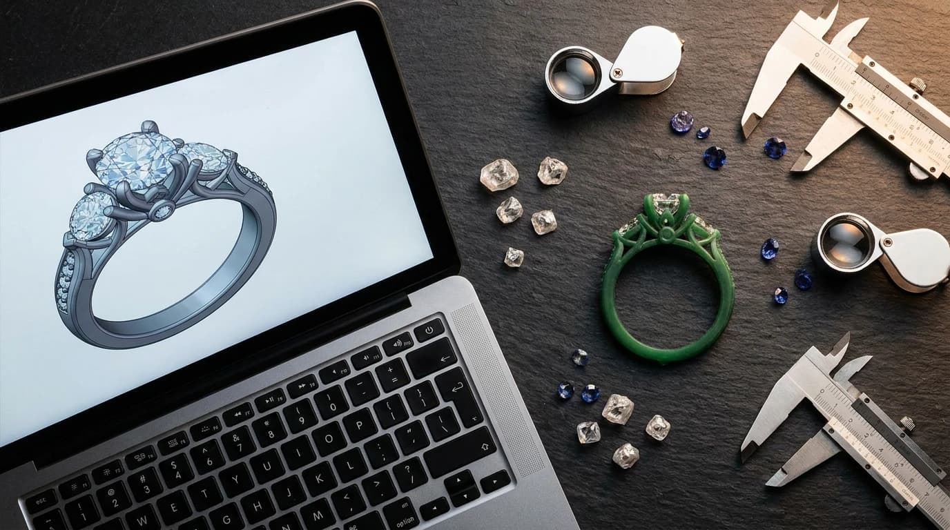 CAD design screen next to wax carving and gemstones showing the custom jewelry creation process