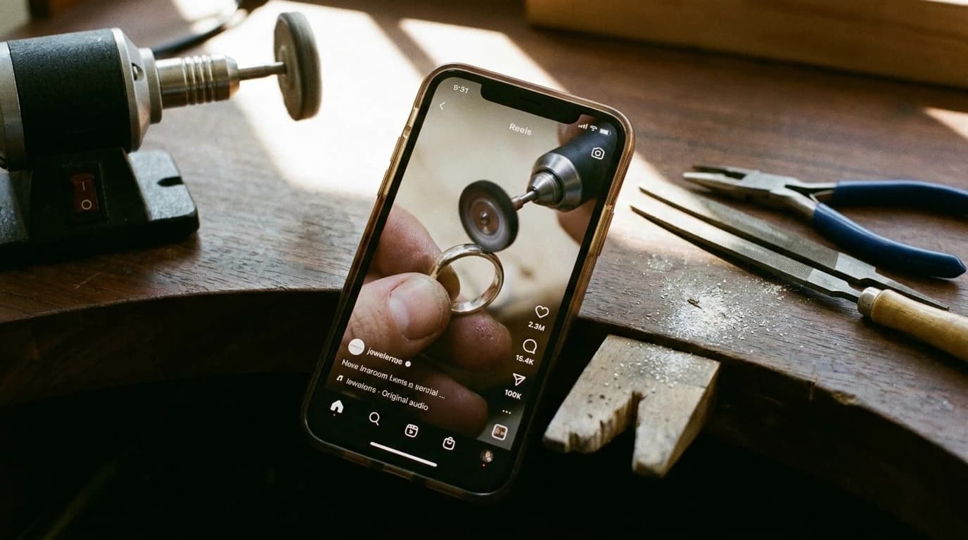 Smartphone showing jewelry process videos on Instagram Reels next to jeweler tools on workbench