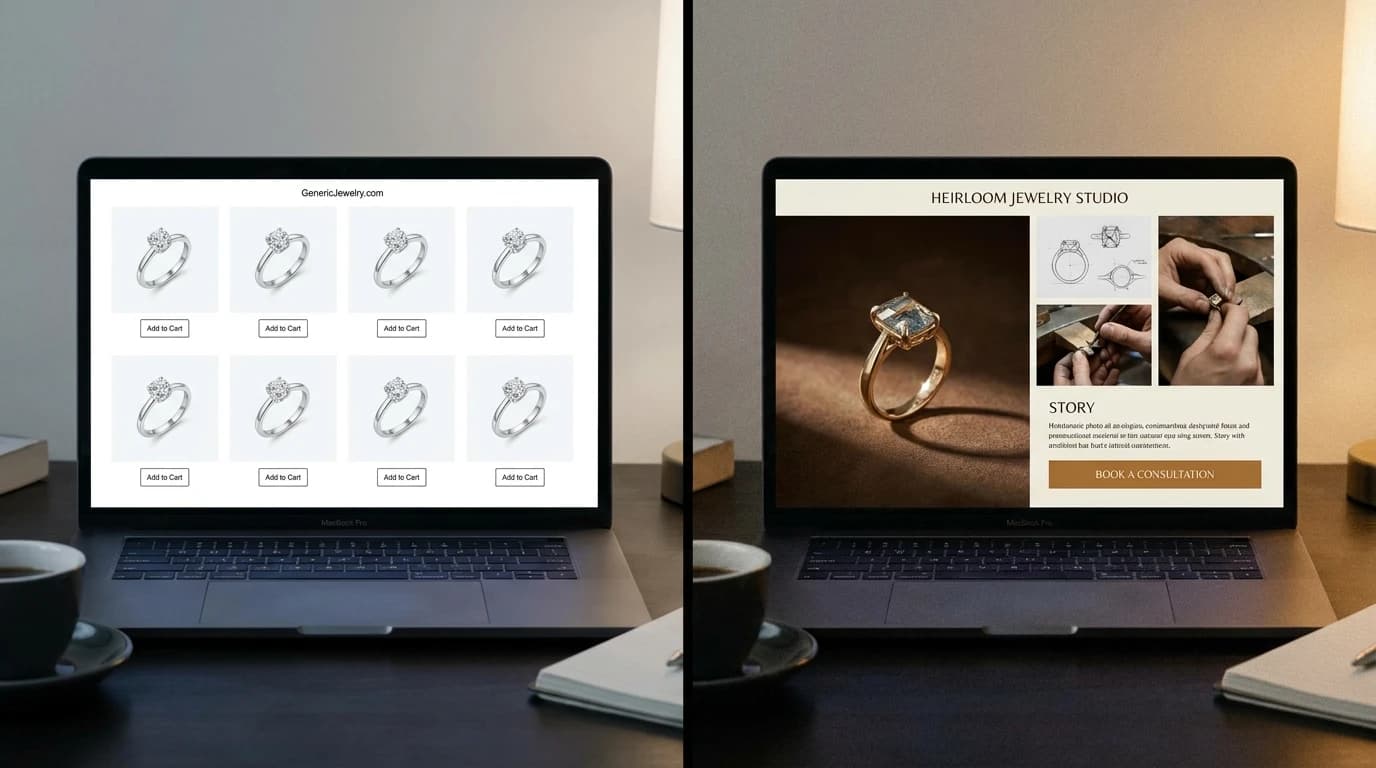 Split-screen comparison of generic product grid landing page versus custom jeweler portfolio page with consultation booking