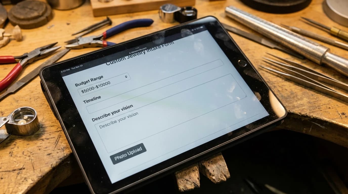 Custom jewelry intake form on tablet showing budget range dropdown and describe your vision field on jeweler workbench