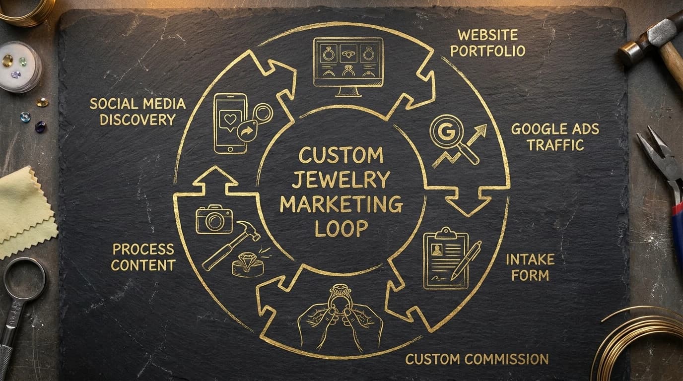 Custom jewelry marketing loop diagram drawn in gold showing portfolio to ads to intake form to commission to content to discovery cycle
