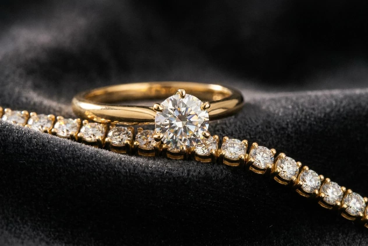 Diamond engagement ring and tennis bracelet on dark velvet
