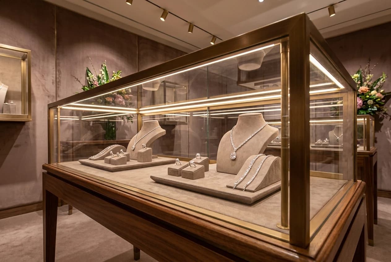 Luxury jewelry display case with diamond rings, bracelets, and necklaces