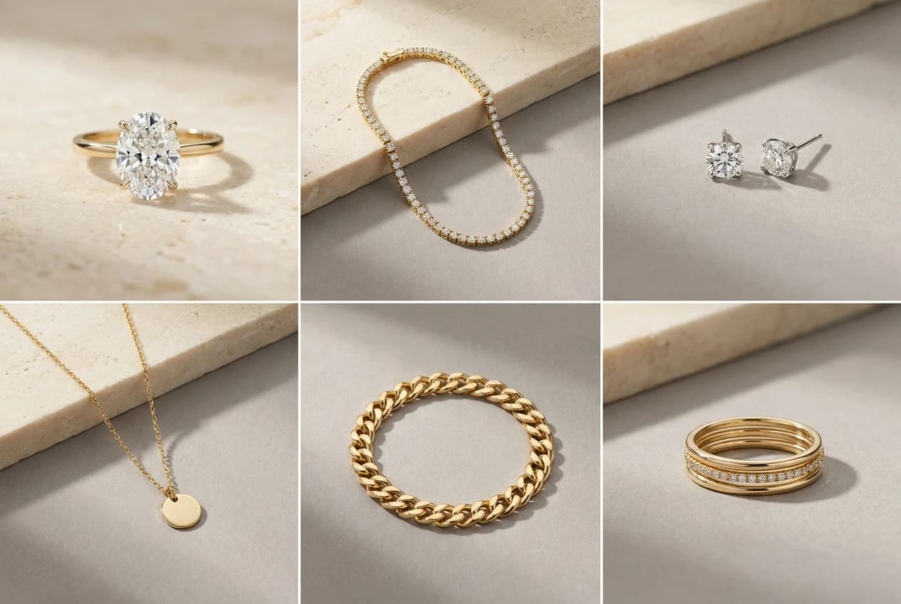 Luxury jewelry catalog ad: six fine jewelry pieces in editorial grid